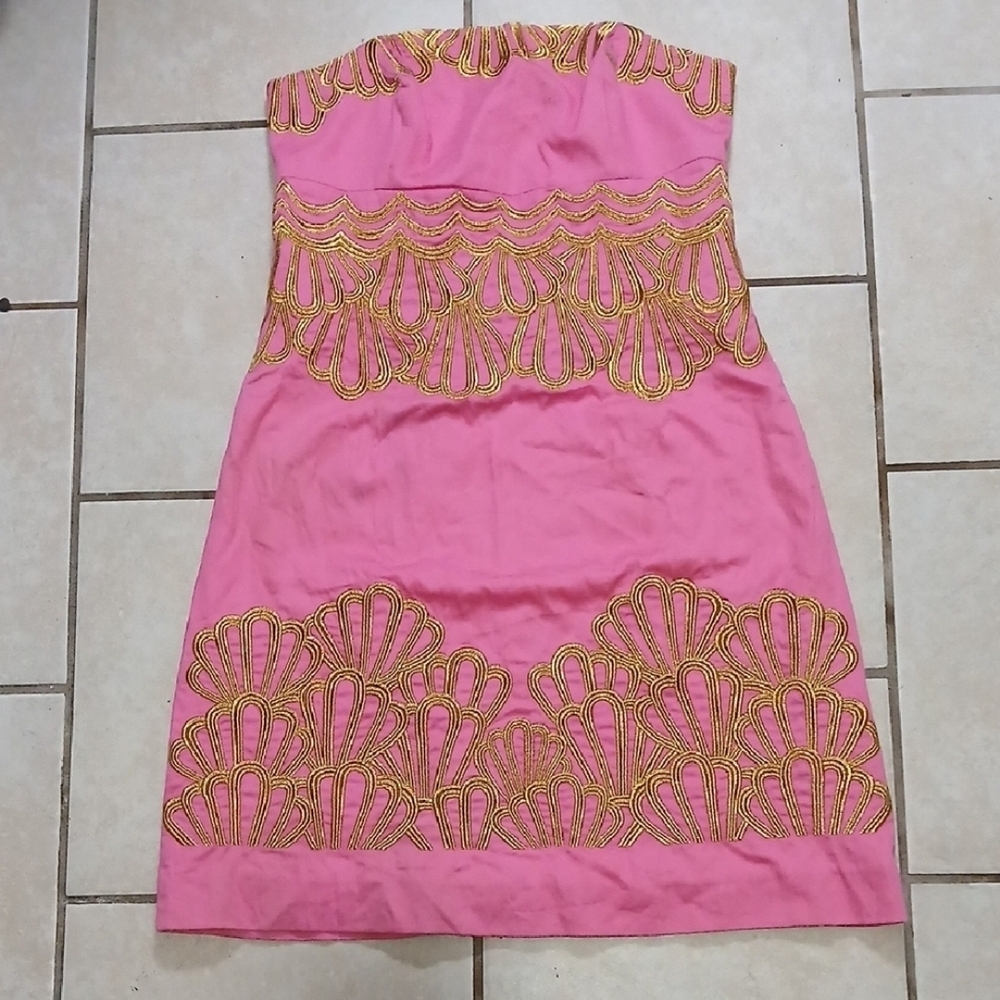 LILY PULITZER Womens Size 2 Pink and Gold Embroidered Strapless Mini Dress